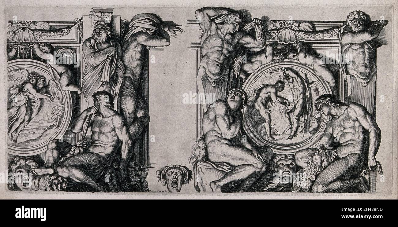 A frieze showing the flaying of Marsyas. Etching with engraving after A. Carracci. Stock Photo