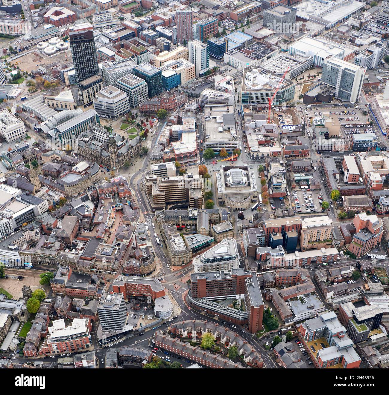 An aerial view of Sheffield City Centre, business and legal area, South Yorkshire, Northern England, UK Stock Photo