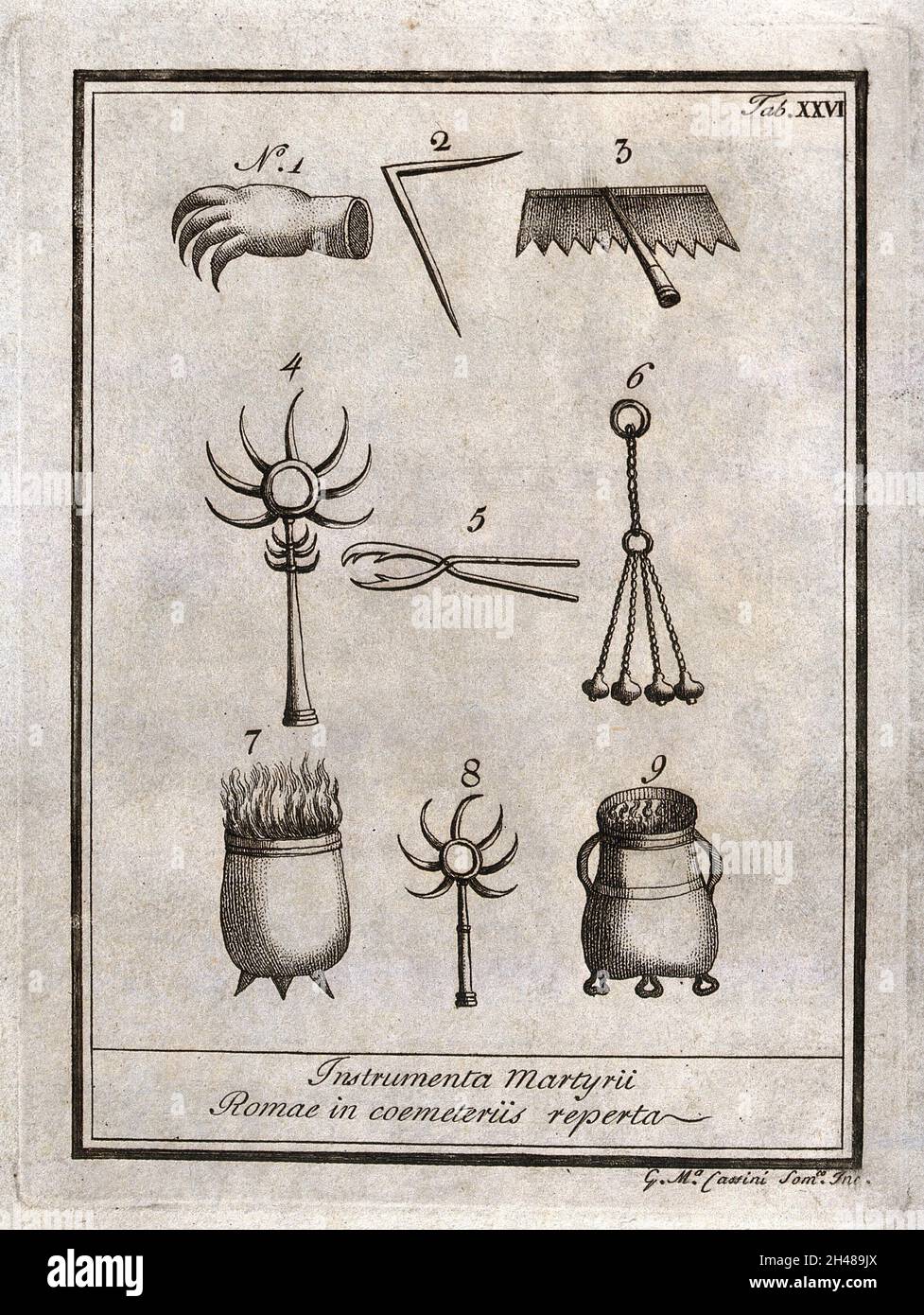 Roman instruments of martyrdom. Etching by G.M. Cassini Stock Photo - Alamy