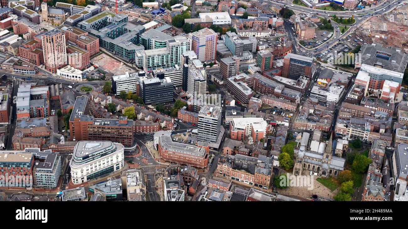 An aerial view of Sheffield City Centre, business and legal area, South Yorkshire, Northern England, UK Stock Photo
