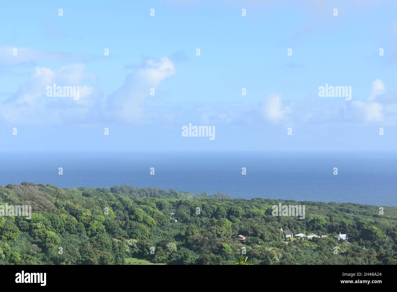 Scenic green tropical landscape overlooking the Pacific Ocean on the ...