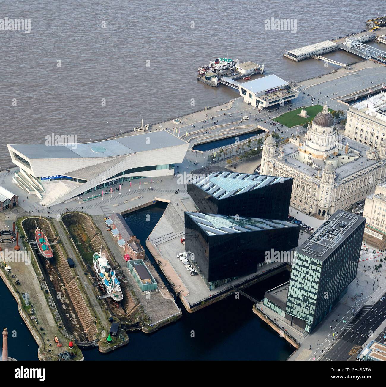 An aerial view of the Museum of Liverpool, Waterfront, Merseyside, North West England, UK Stock Photo