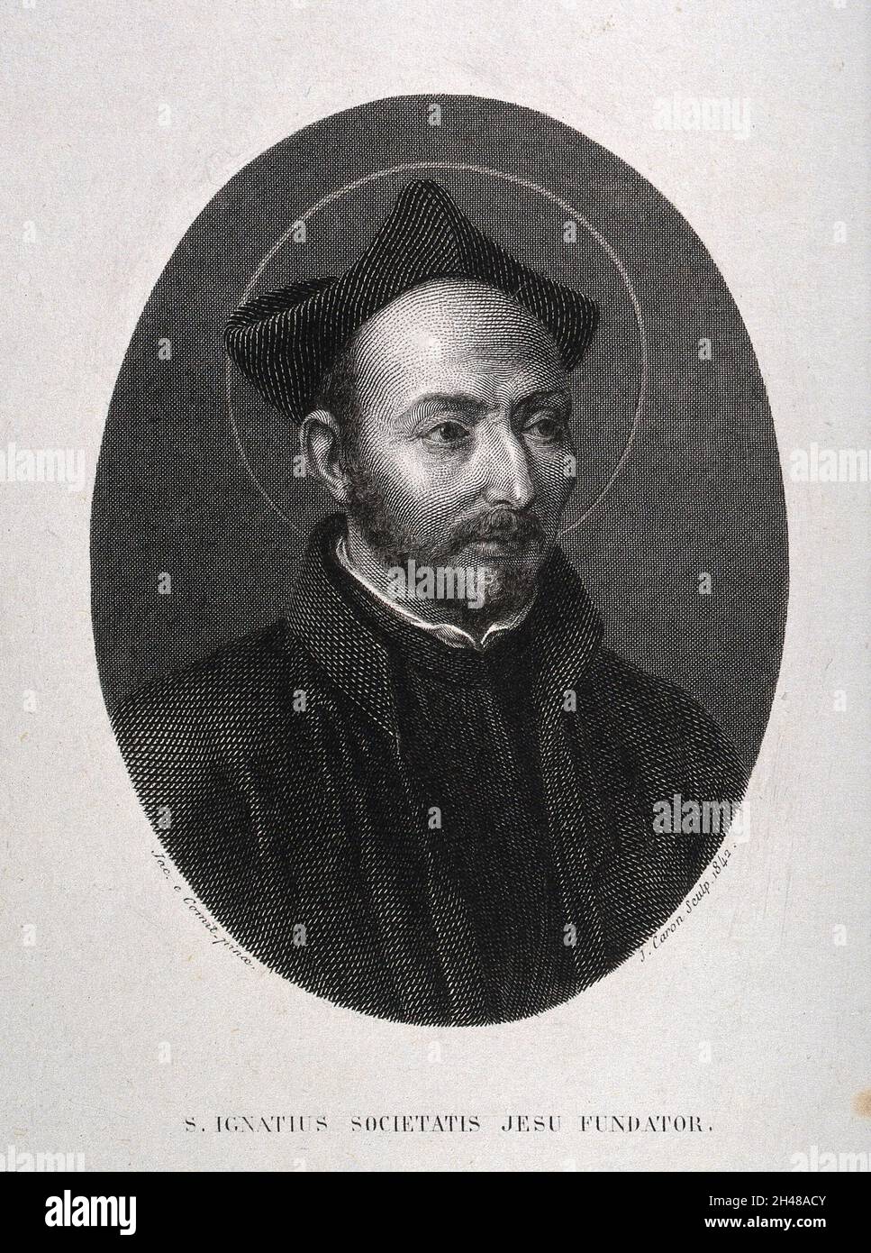 Saint Ignatius of Loyola. Line engraving by J. Caron, 1842, after J. del Conte. Stock Photo