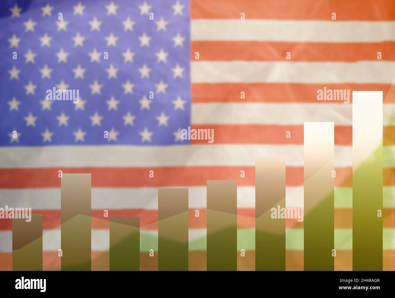The concept of Growth success developments against the background of the national flag of the USA. Mockup chart increase of positive indicators. Stock Photo