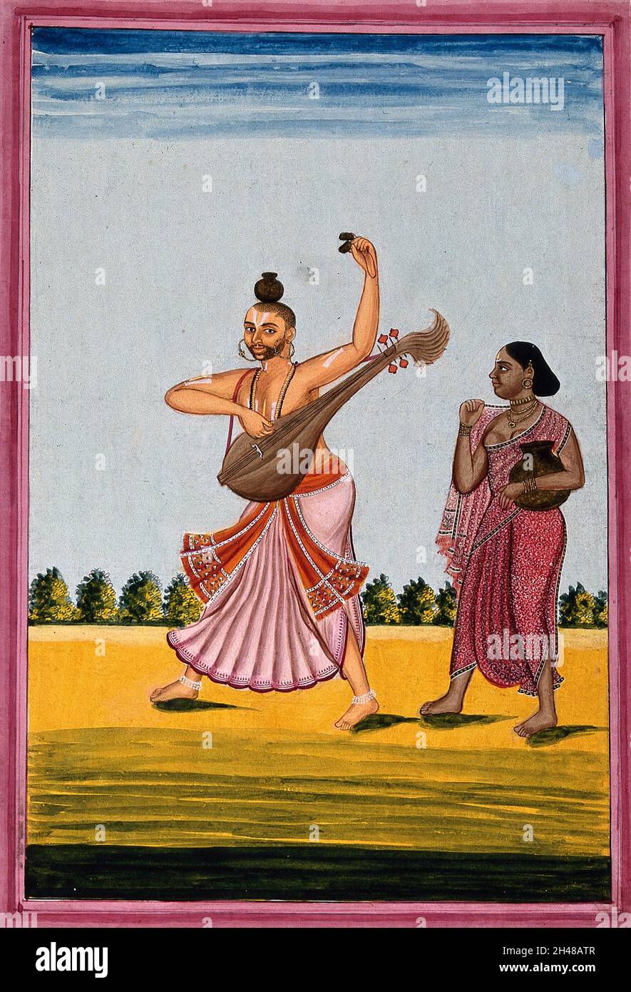 A man dancing while playing a string instrument and castanets, with a ...