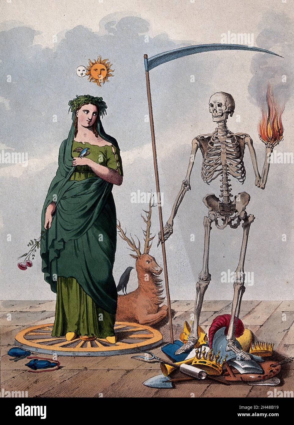 Two allegorical figures: a skeleton holding a scythe and a ball of fire stands next to a female figure. Lithograph. Stock Photo