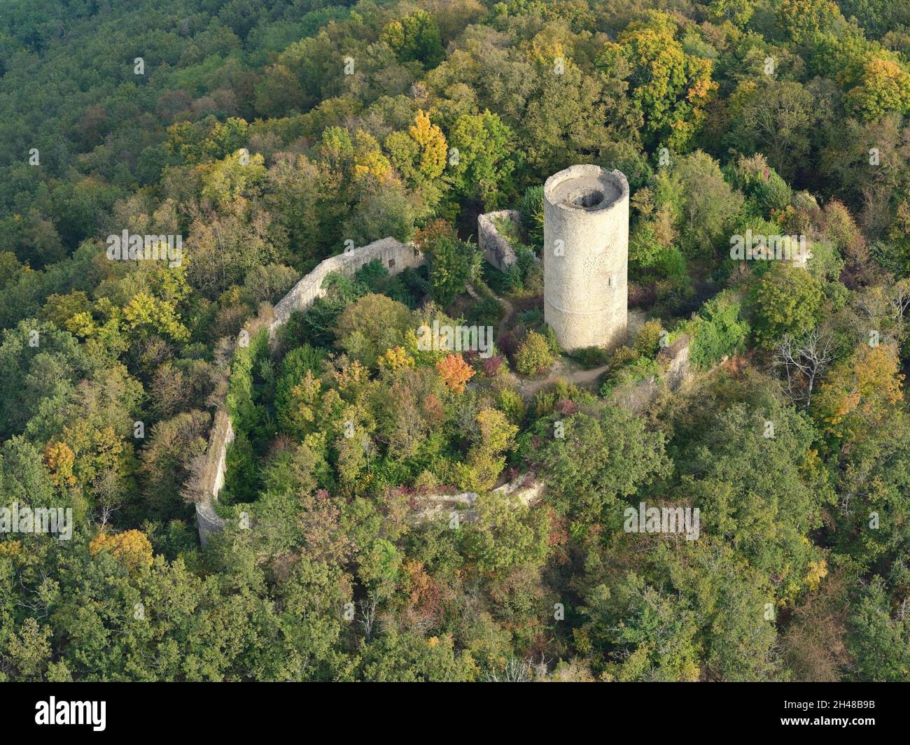 AERIAL VIEW. Ruins of an observation post situated in the eastern Vosges Mountains. Pflixbourg Castle, Wintzenheim, Alsace, Grand Est, France. Stock Photo