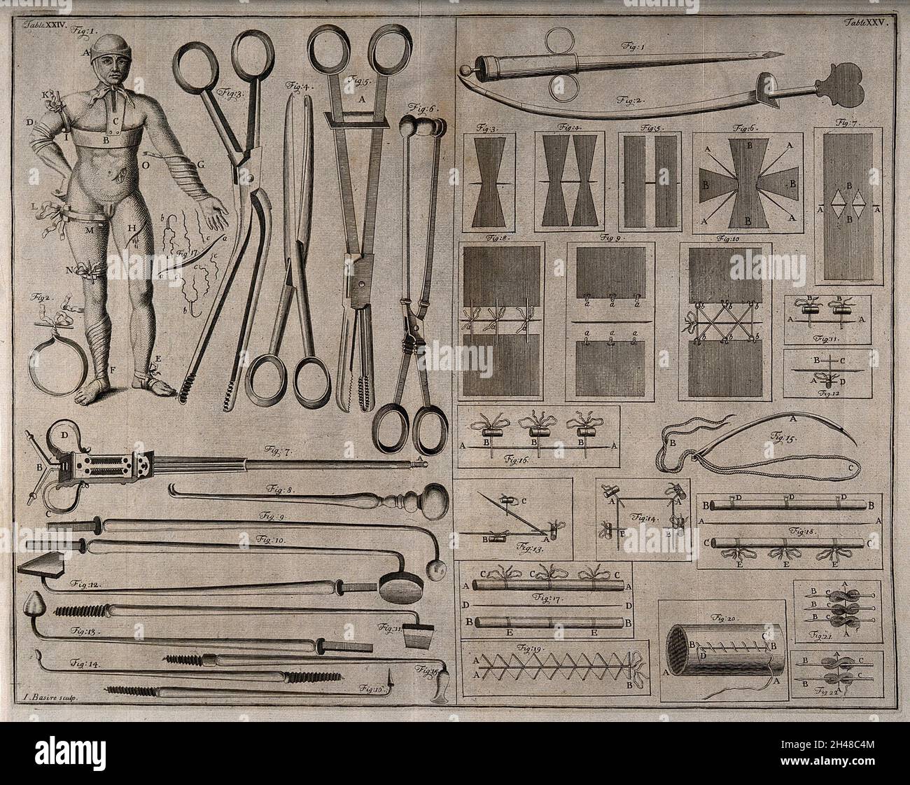 Surgical instruments, including needles and scalpels. Engraving with