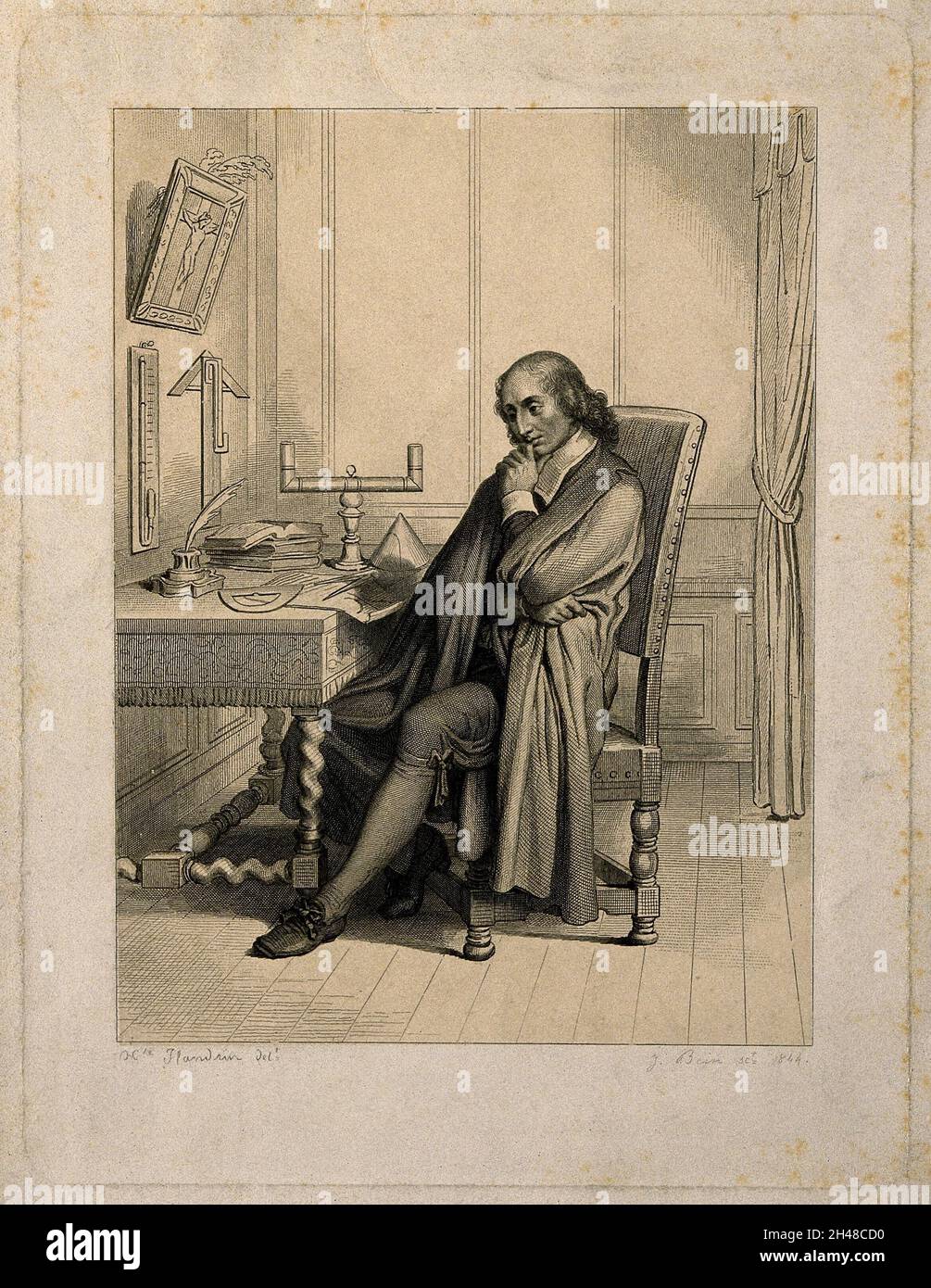 Blaise Pascal, seated at his desk. Line engraving by J. Bein, 1844, after H. Flandrin. Stock Photo