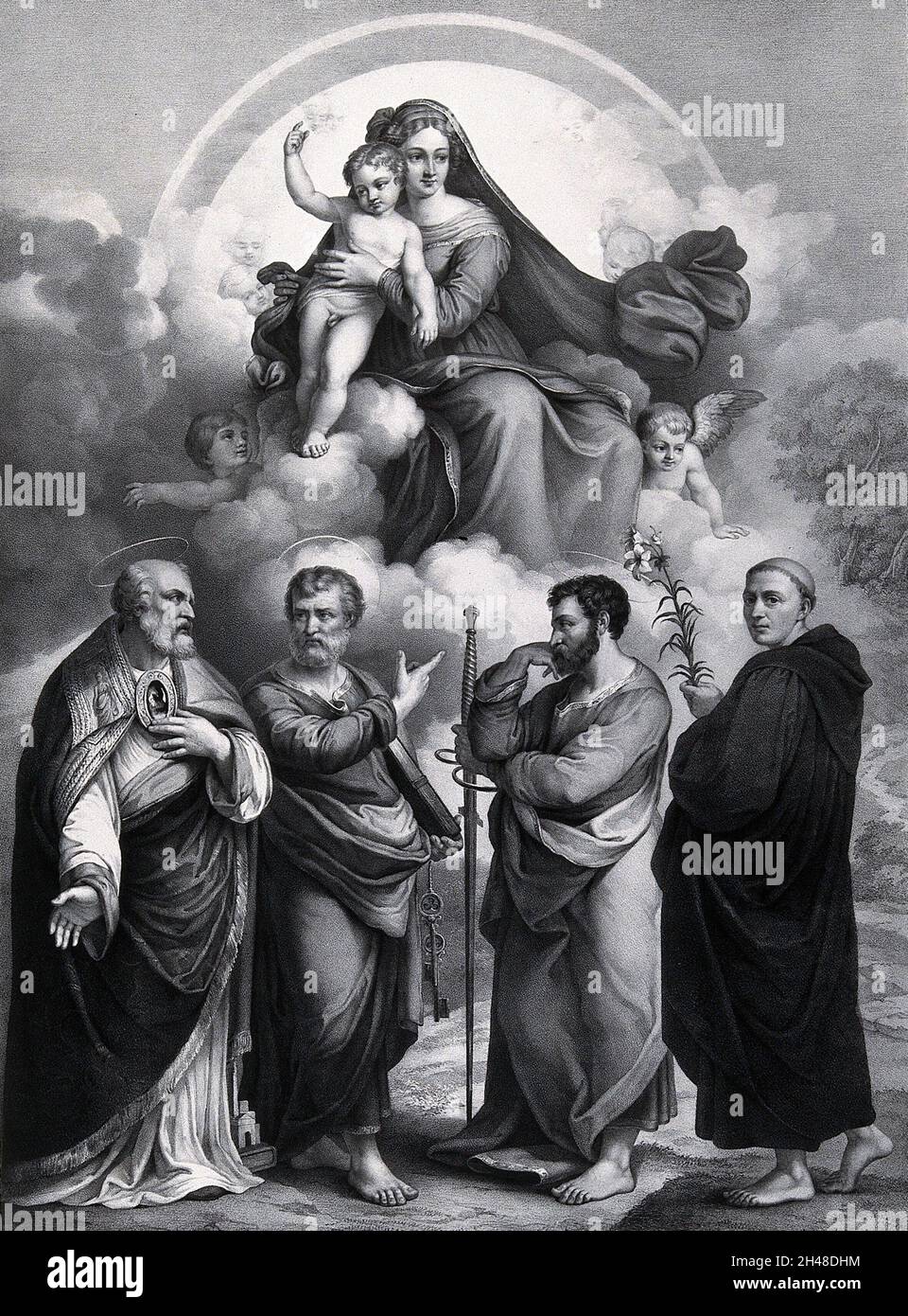 The Virgin and Child with Saint Geminianus of Modena, Saint Peter, Saint Paul and Saint Antony of Padua. Lithograph by F. Hanfstaengl after B. Ramenghi, il Bagnacavallo. Stock Photo