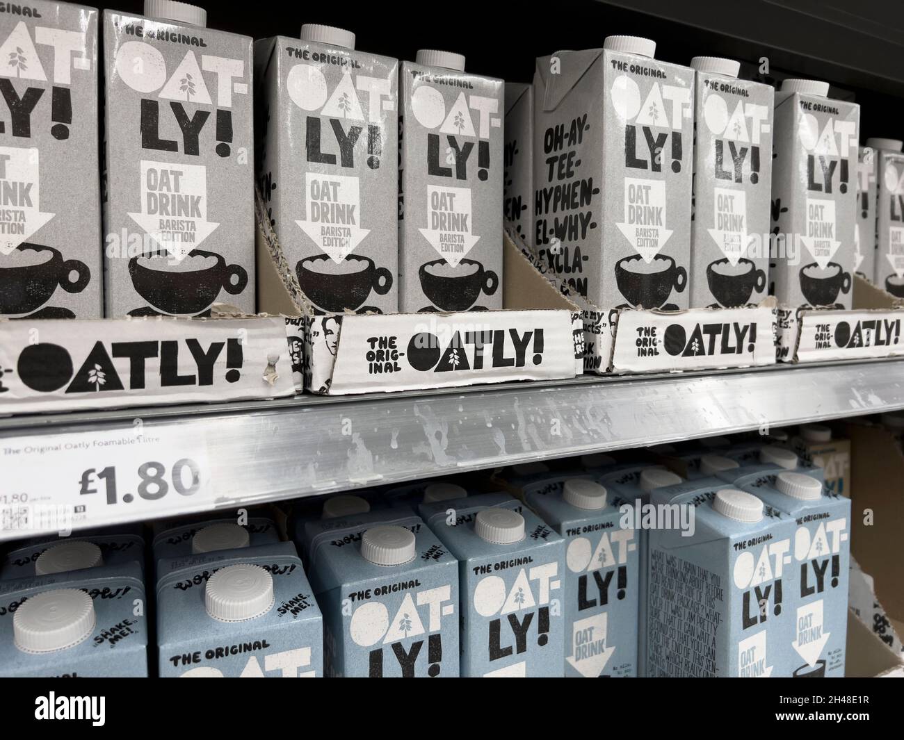 London / UK October 28th 2021 Rows of Oatly milk cartons in a