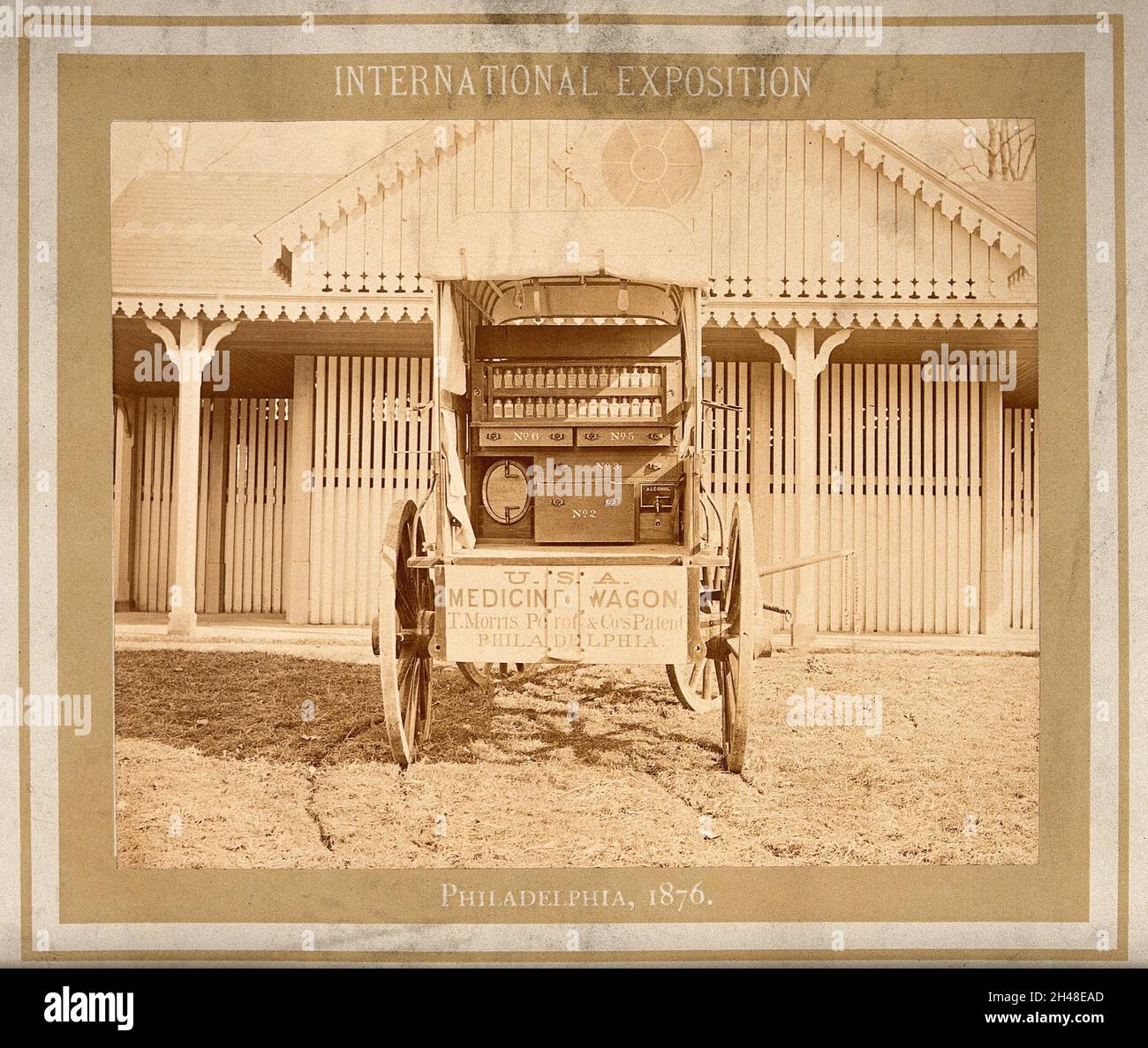 Philadelphia International Exposition, 1876: American Civil War medicine wagon produced by T. Morris Perot and Company. Photograph, 1876. Stock Photo