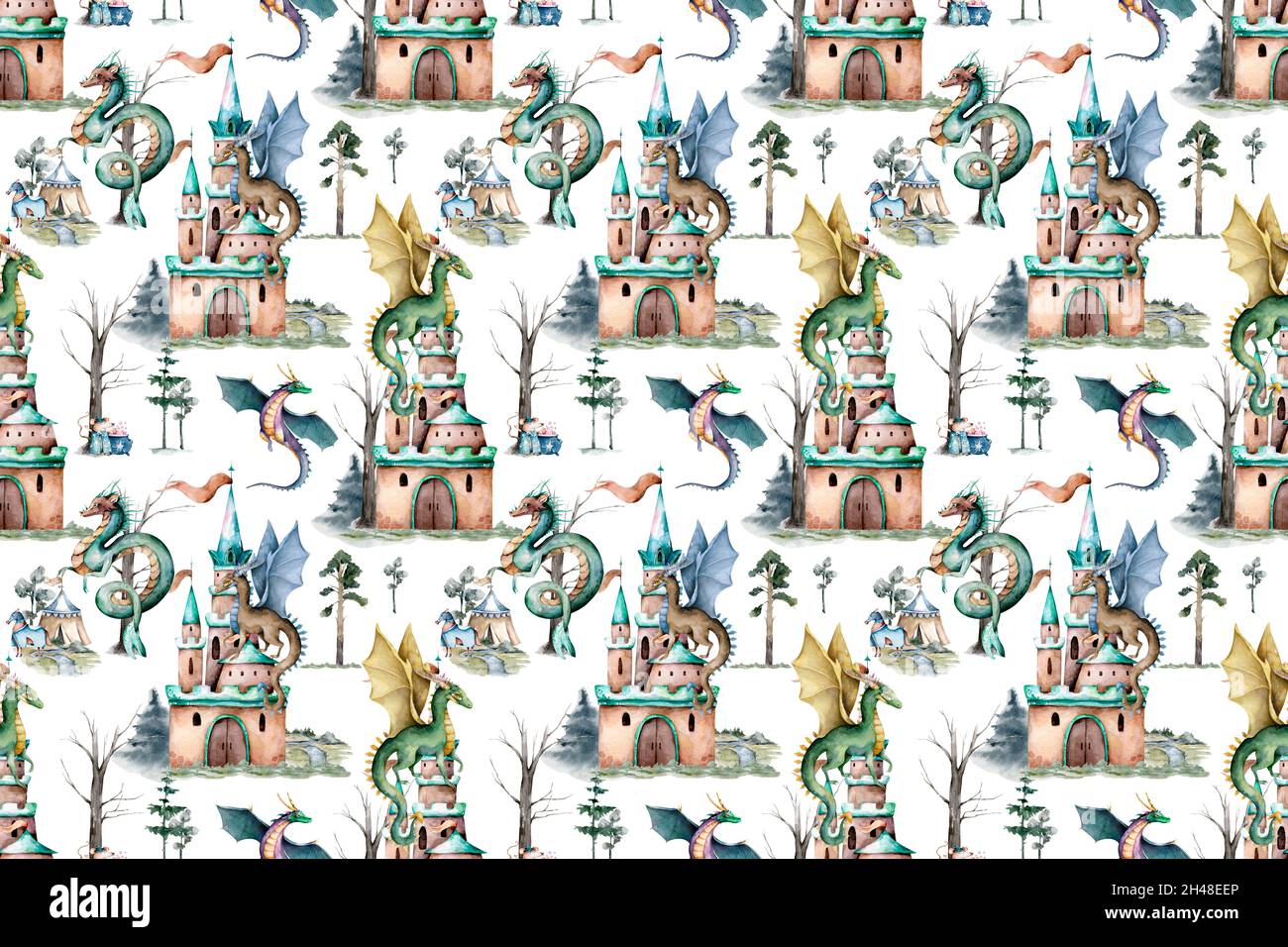 Cartoon Fairy tale castle and flying Dragons seamless pattern. Hand ...