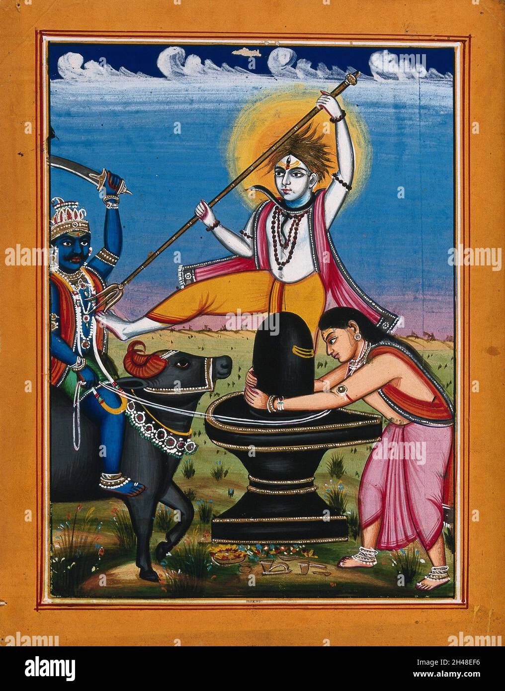 Siva, standing on a lingum, which is worshipped by a woman, defeats a demon on an ox. Painting by an Indian artist, 1800s. Stock Photo