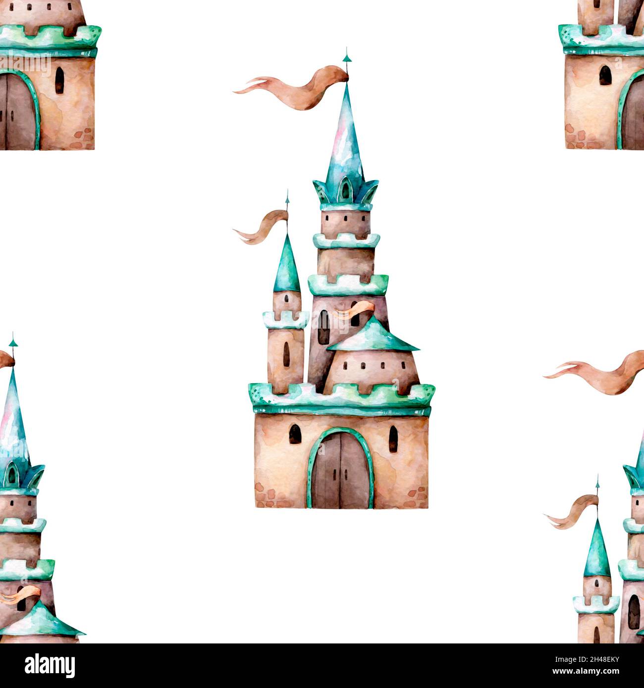 Cartoon Fairy tale castle seamless pattern. Hand drawn watercolor cute ...