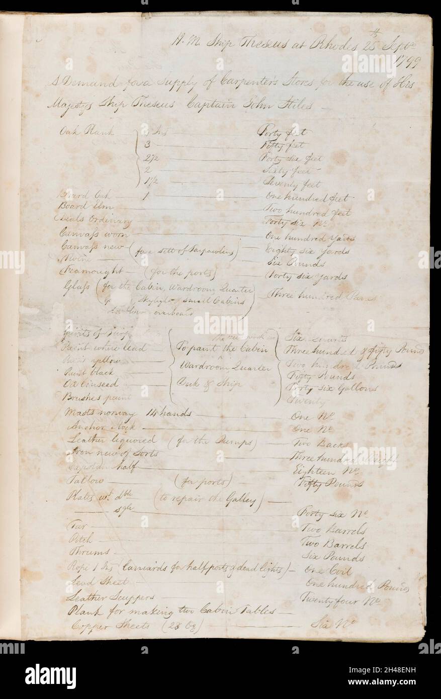 HMS Theseus: Request for carpenter's stores, 25th Sept. 1799. - First side only, see L0048425 for second side Stock Photo