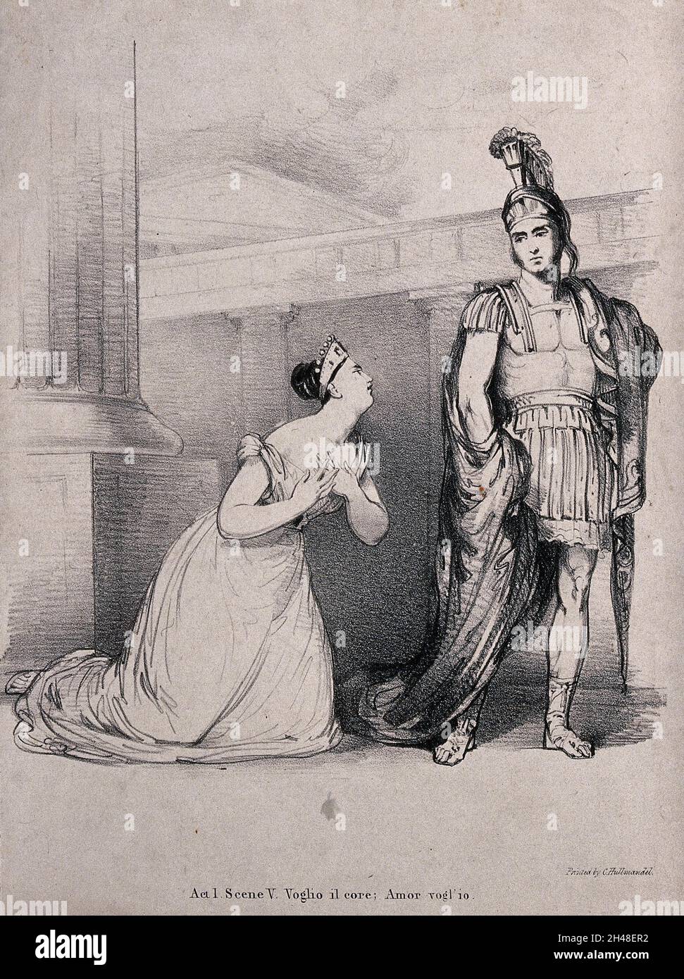 Giuditta Pasta in the role of Medea and Alberico Curioni in the role of Jason: Medea professes her love for Jason. Lithograph by J. Hayter, 1827. Stock Photo