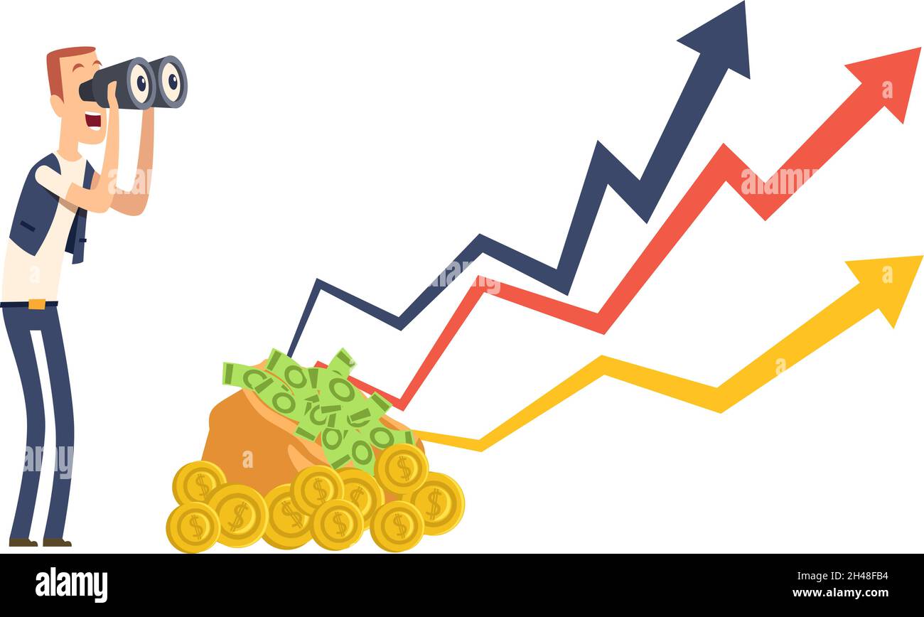 Happy investment. Financial growth, success money chart. Man look