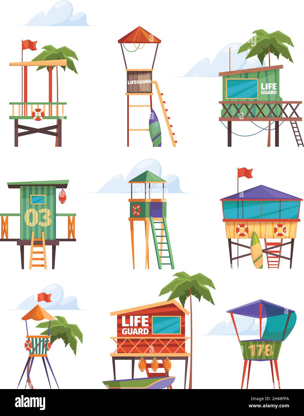 Modern beach buildings. Beach lifeguard towers on the seaside security station garish vector flat pictures set isolated Stock Vector