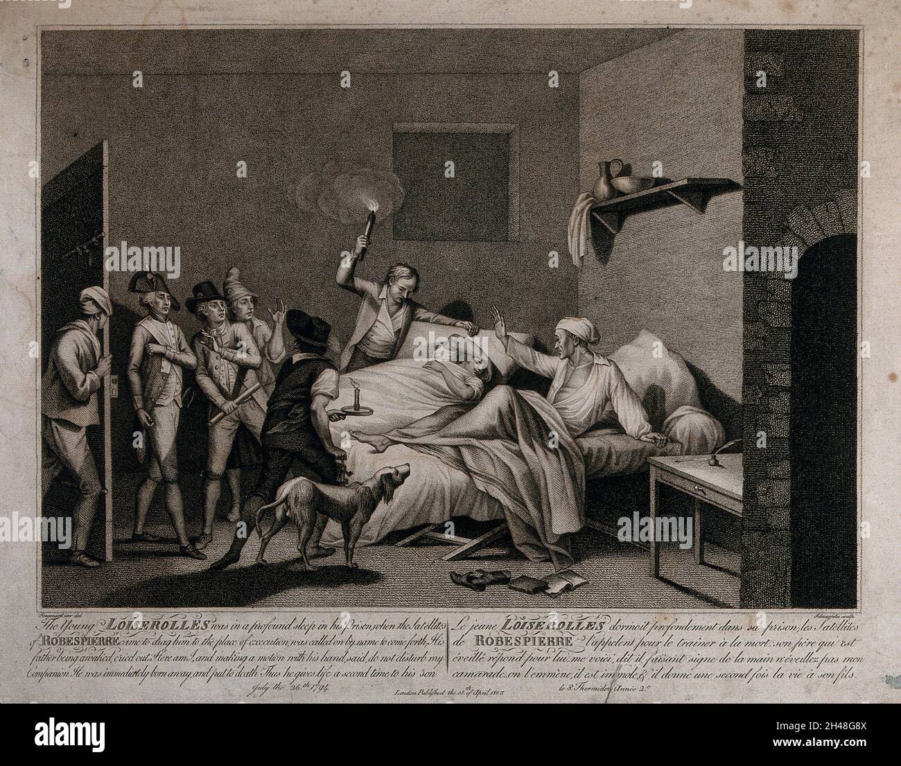 The followers of Robespierre entering the prison cell in which Loizerolles father and son are