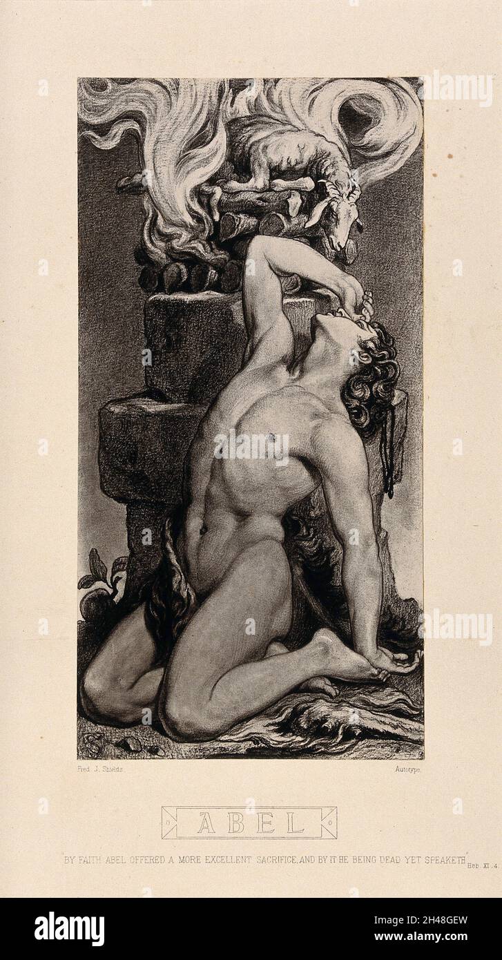 Abel sits distressed beside his thankless sacrifice. Autotype after F.J. Shields, 1877. Stock Photo