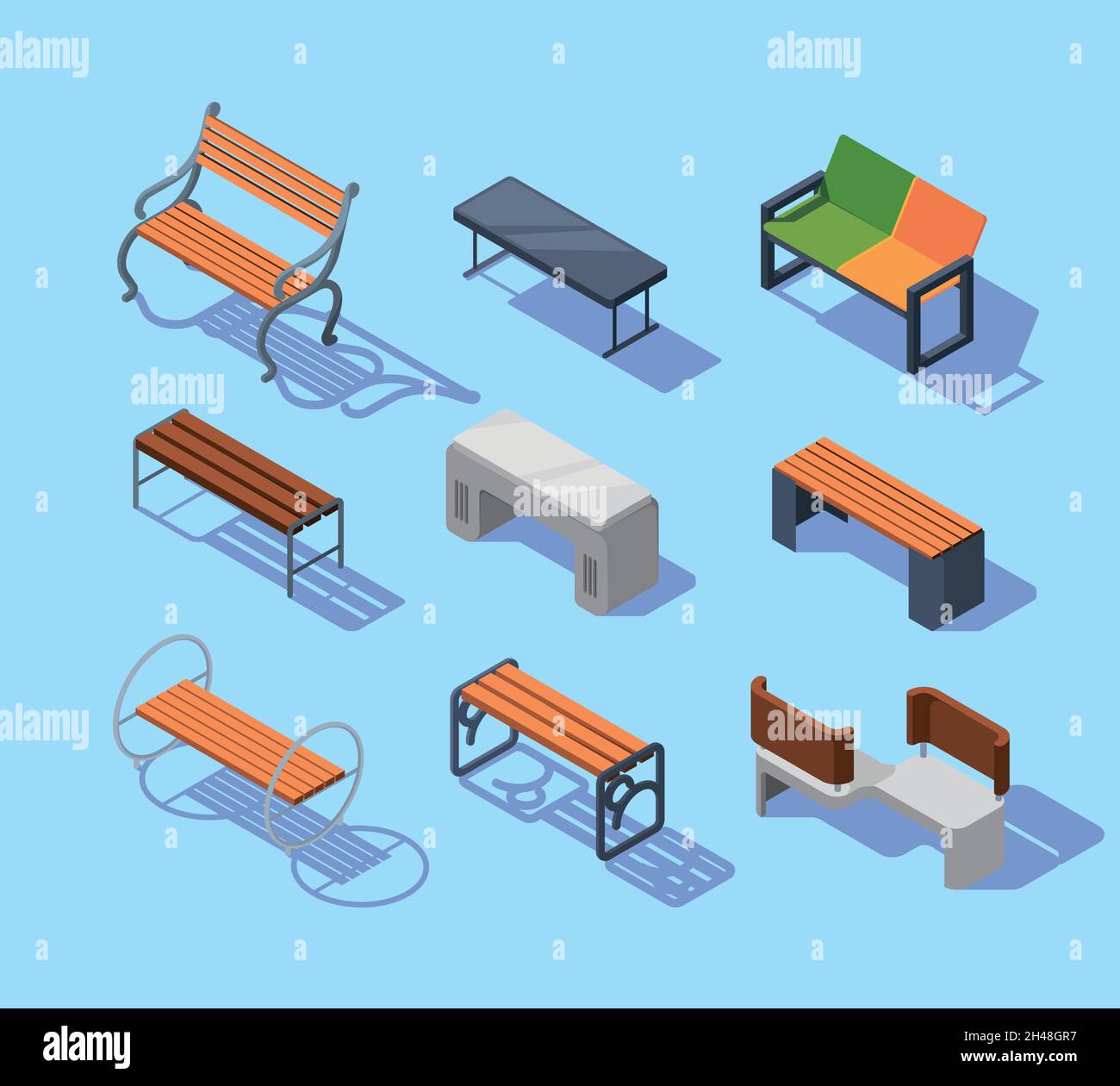 Isometric benches. Urban outdoor modern city furniture comfort wooden