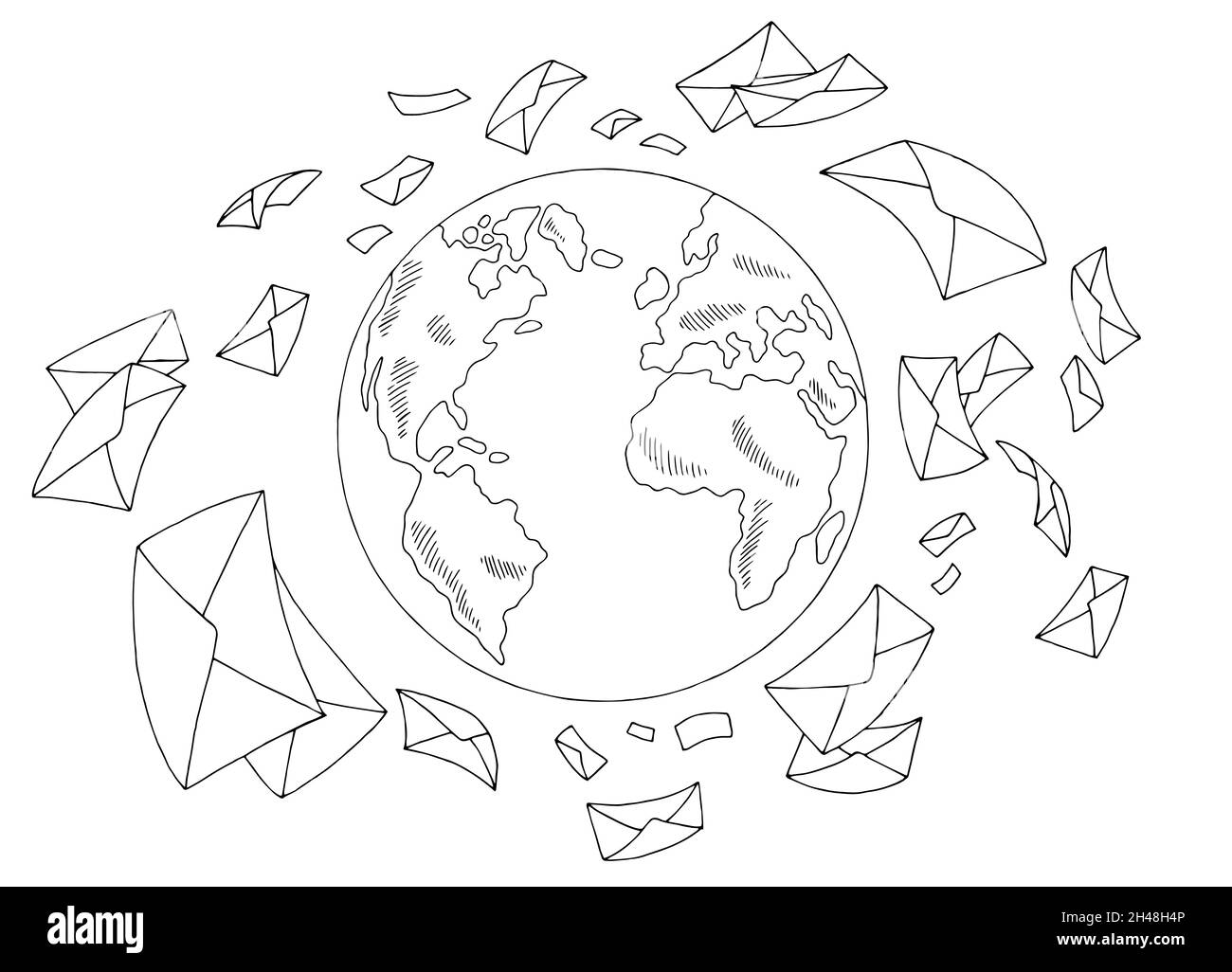 Mail fly around globe earth graphic black white isolated sketch illustration vector Stock Vector