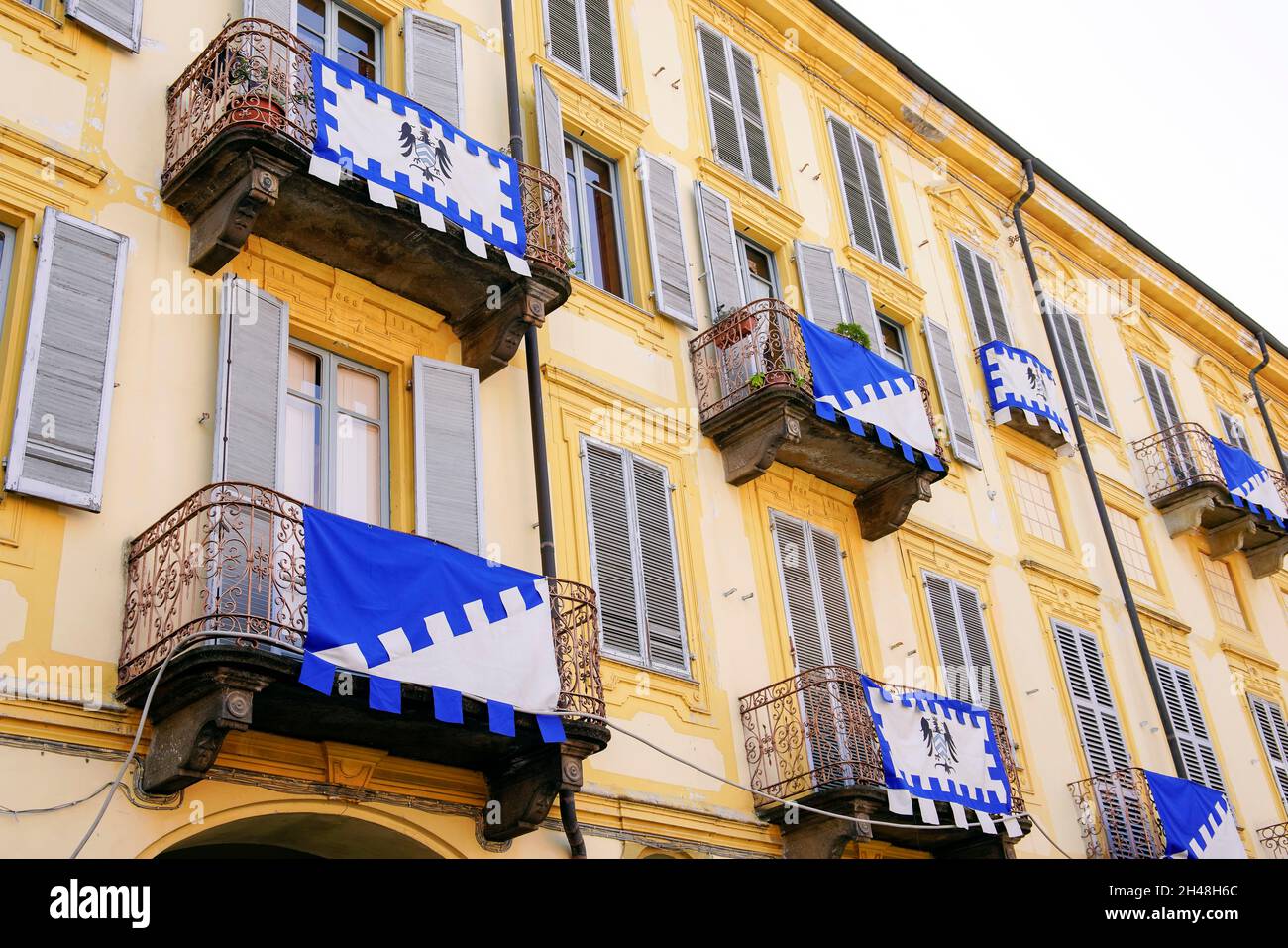 Building by Piazza Risorgimento in old town of Alba, Piedmont Region, Northern italy. Stock Photo