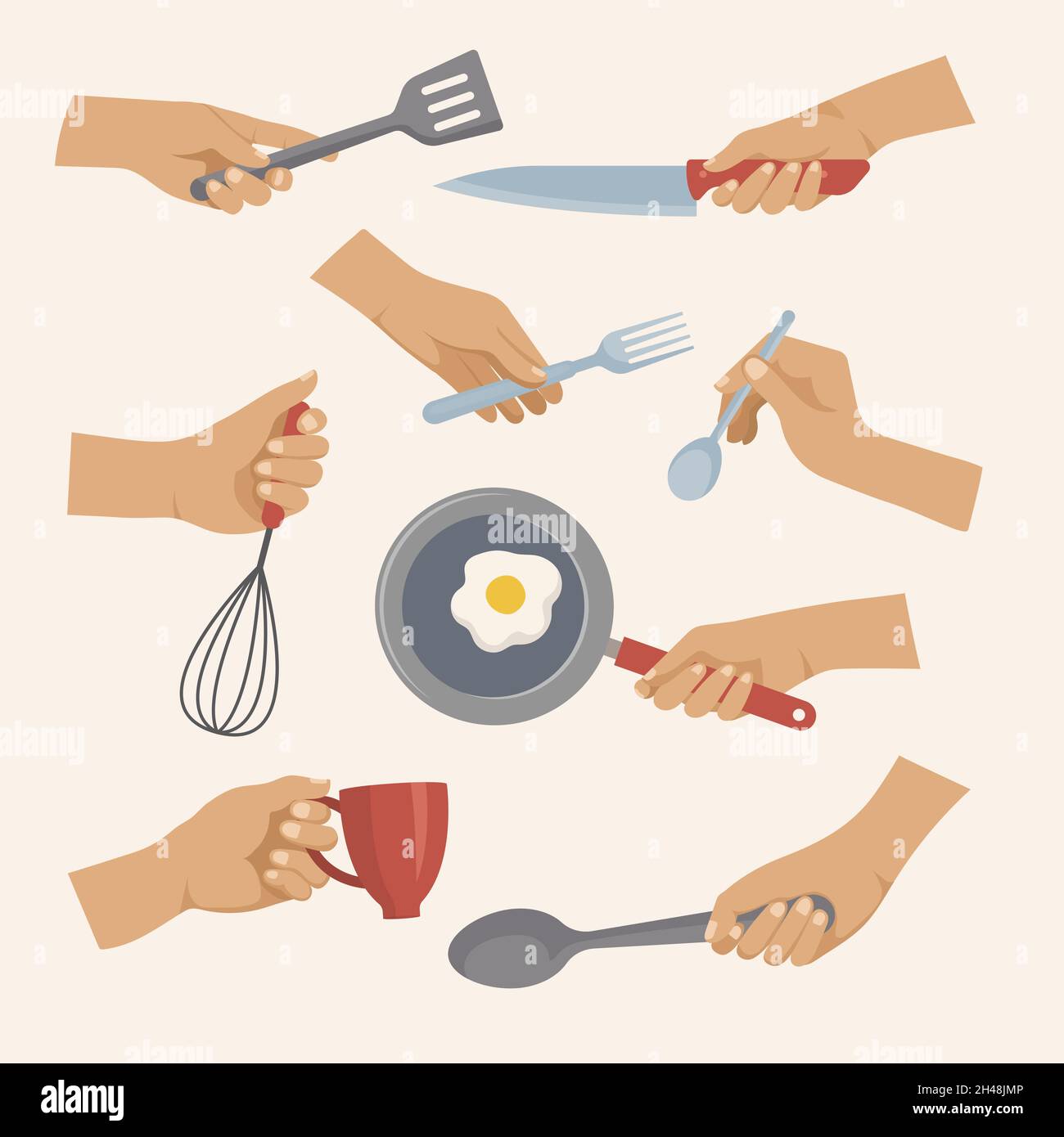 Kitchen tools in hands. Objects for preparing food in kitchen forks spoons plates pots recent vector flat items Stock Vector
