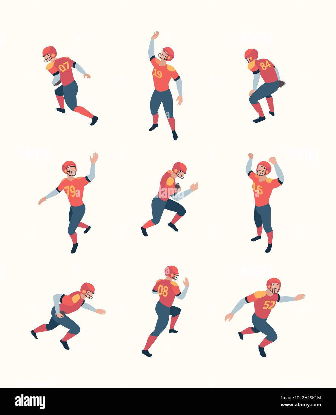 American football players. Isometric persons with ball in dynamic poses sport people playing standing holding running jumping garish vector 3d Stock Vector