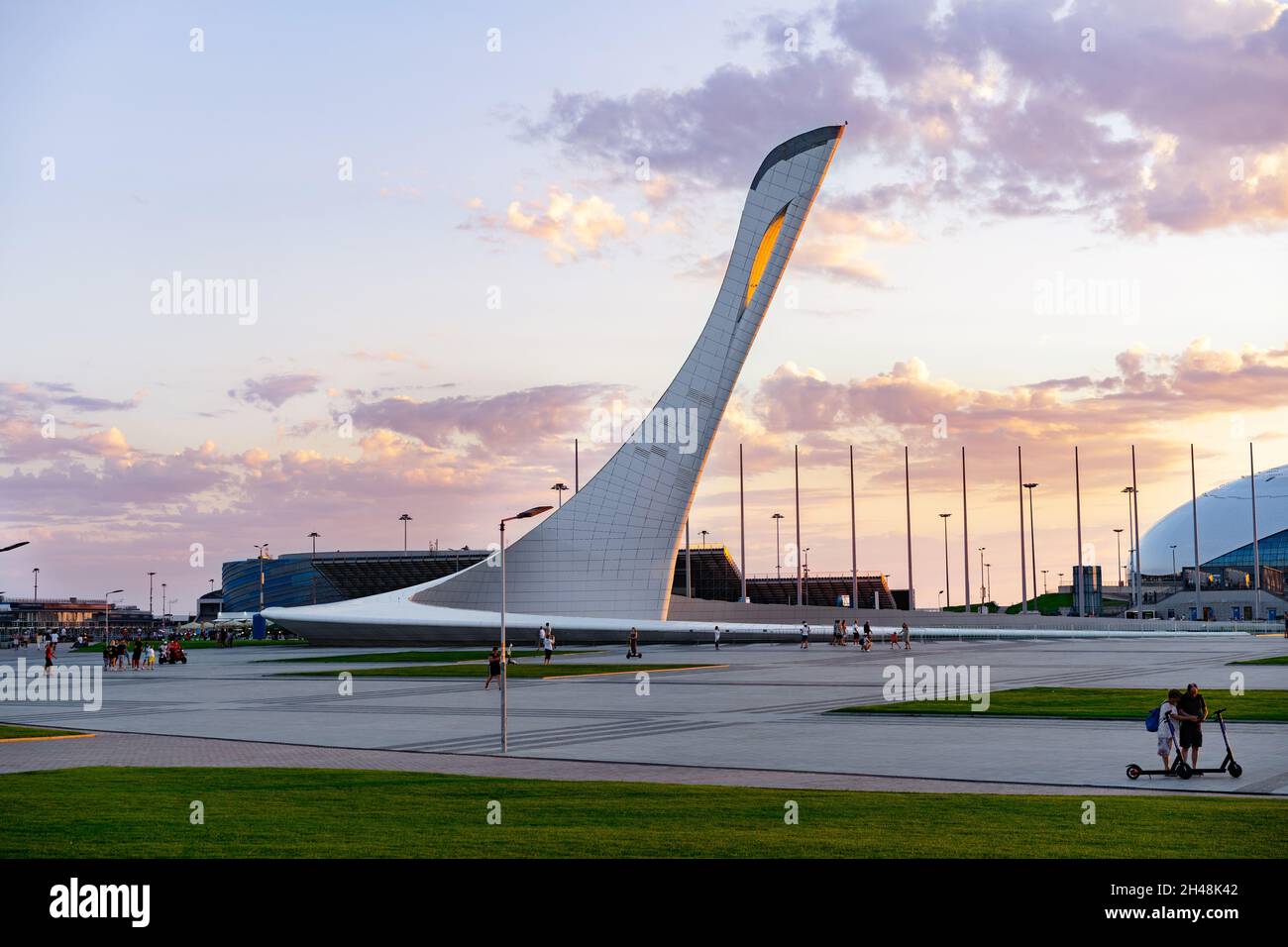 Sochi, Olympic park facilities buildings at sunset light Stock Photo