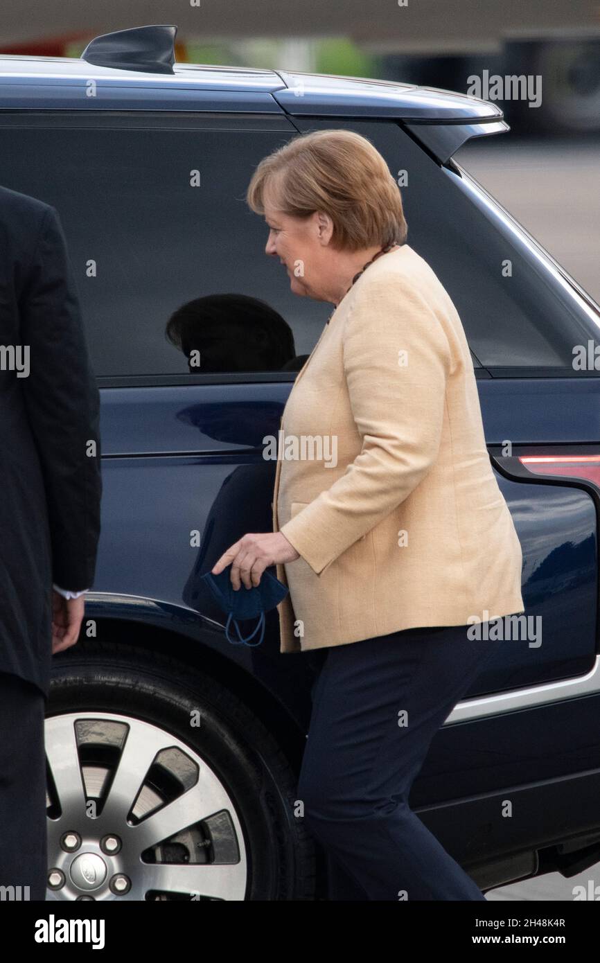Glasgow, Scotland, UK. 1st Nov, 2021. PICTURED: Chancellor of Germany, Angela Merkel, seen arriving in Scotland stepping off her private government aircraft to attend the COP26 Climate Change Conference today. Credit: Colin Fisher/Alamy Live News Stock Photo