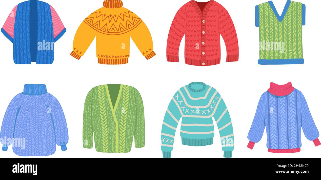 Warm sweaters. Winter clothes, knitted sweater and cardigan. Holiday cloth vector collection Stock Vector