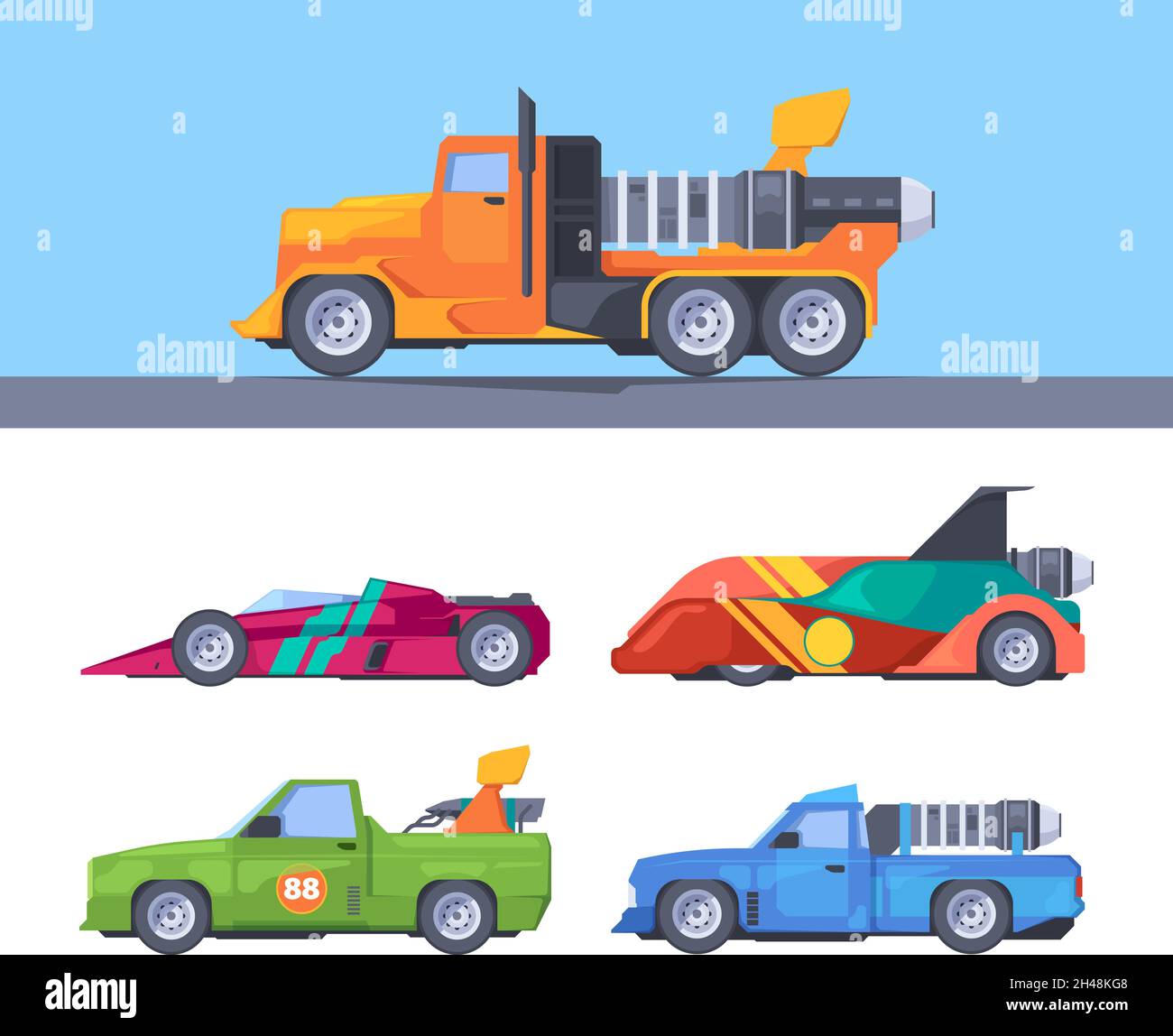 Fast trucks. Fuel moving sport vehicles acceleration nitrous oxide fire flame shapes garish vector fast cars collection in flat style Stock Vector