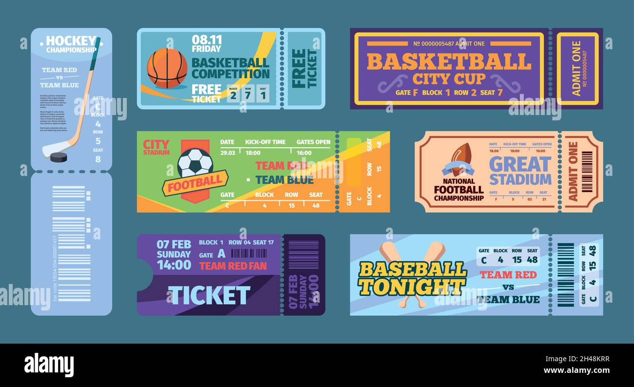 Sport tickets. Football hockey action events invitation templates