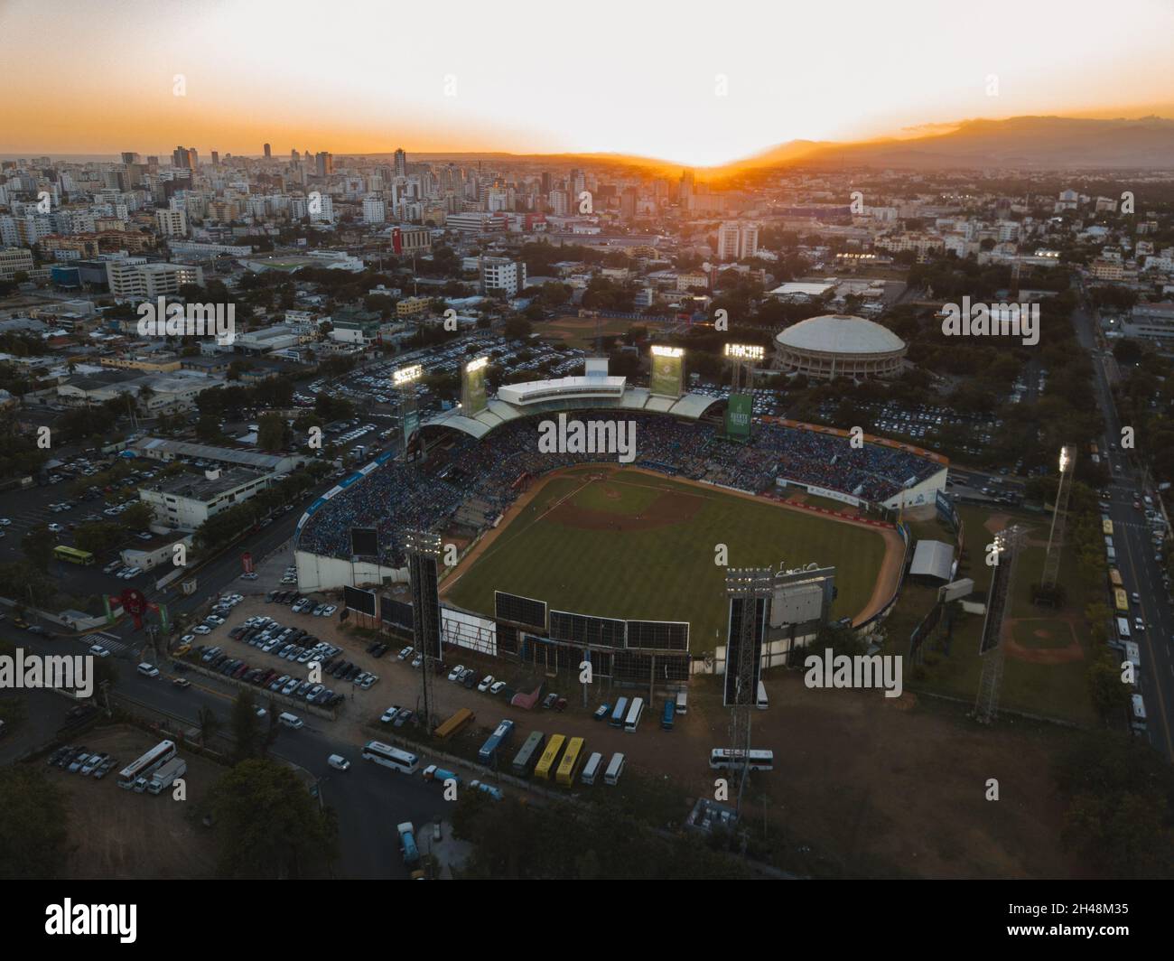SANTO DOMINGO, DOMINICAN REPUBLIC - Dec 02, 2018: A landscapef the Quisqueya Baseball Stadium during the sunset in Santo Domingo, Dominican Republic Stock Photo