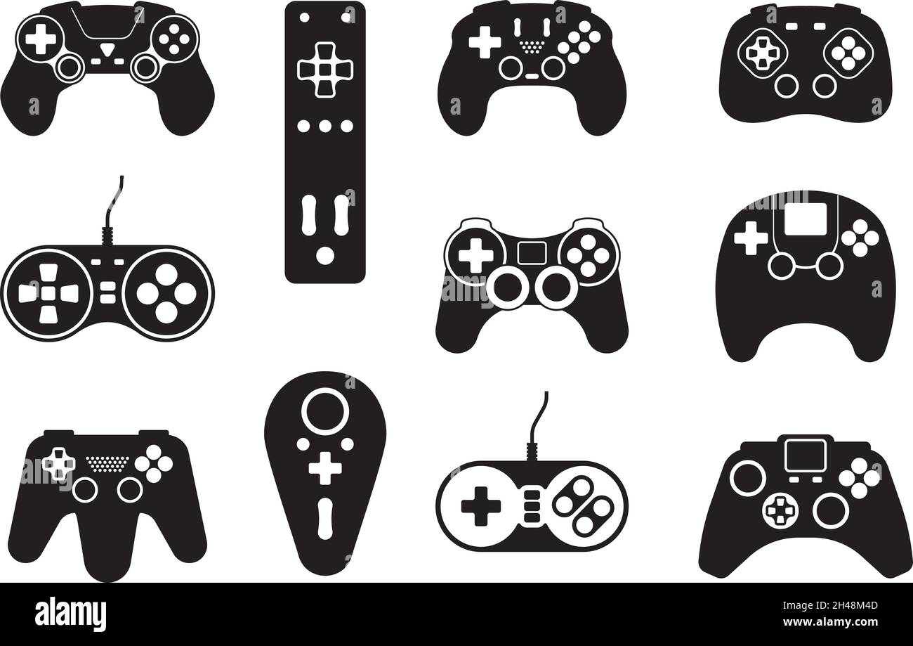 Game controllers icon. Smart system digital joystick for video games garish vector black symbols collection Stock Vector