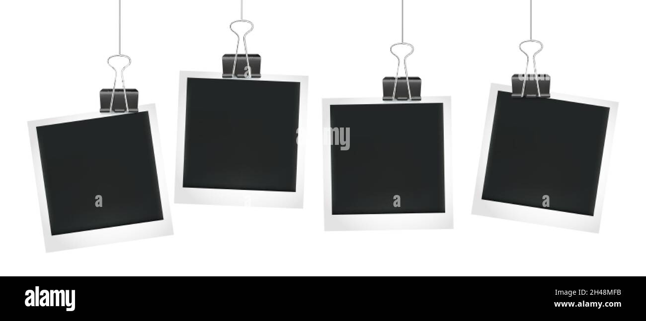 Frames hang on clips. Photo frame design, blank cards template. Framing
