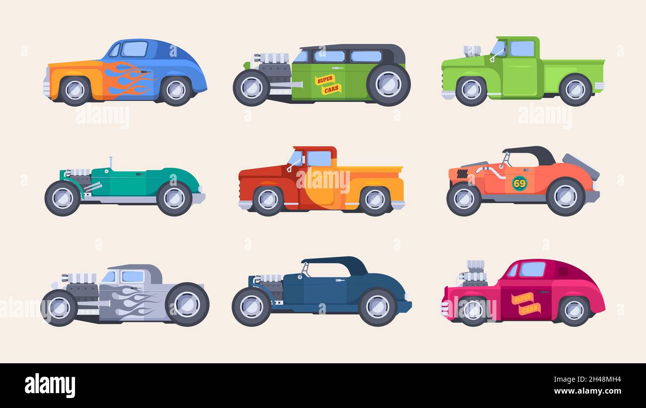 Classic cars. Vintage tuning vehicles colored cars old style models fast movements garish vector illustrations set Stock Vector