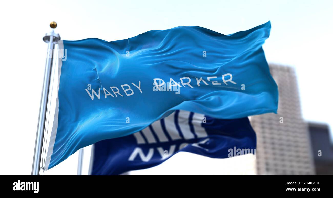 New York, USA, Sept 29 2021: Flags of Warby Parker and NYSE flying in the wind. Warby Parker is an American online retailer of eyeglasses. on Sept 202 Stock Photo