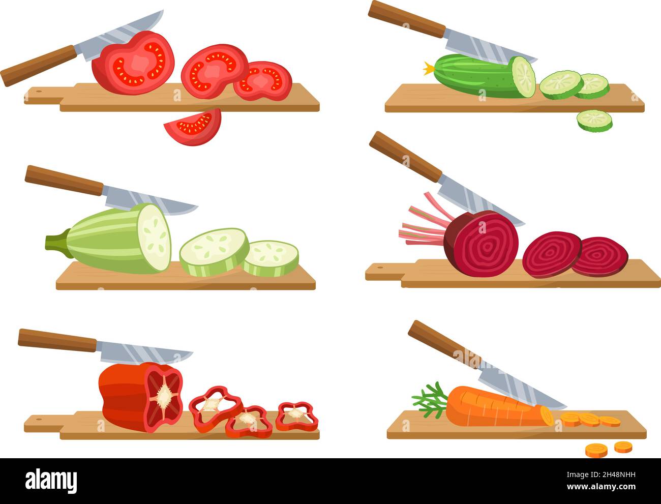Cutting vegetables. Slices salad carrot red pepper cucumbers natural  products for preparing healthy food recent vector cartoon illustrations  Stock Vector Image & Art - Alamy