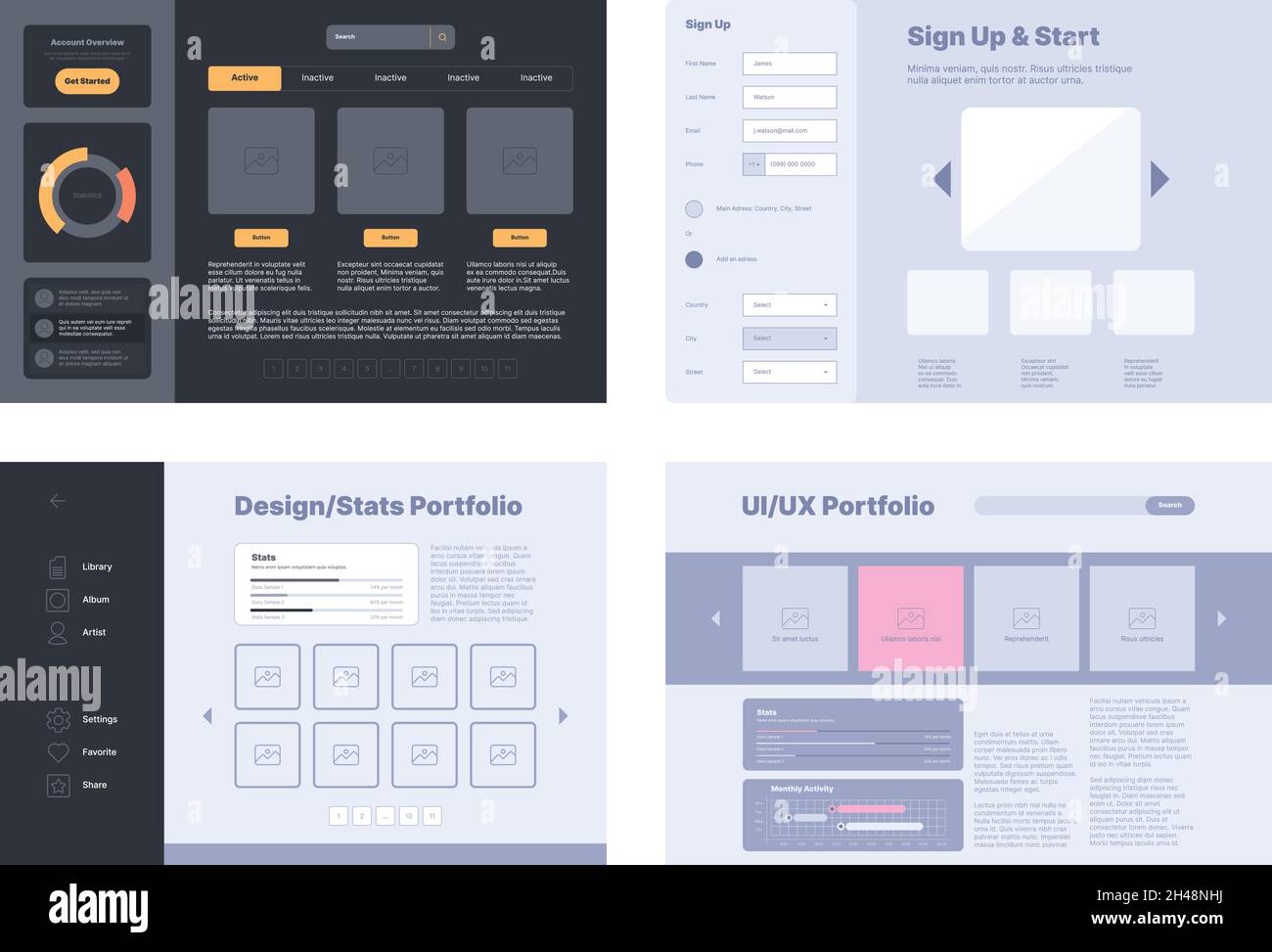 Web portfolio layout. Design template with preview dashboard digital ui for artists and painters photographers garish vector portfolios with place for Stock Vector