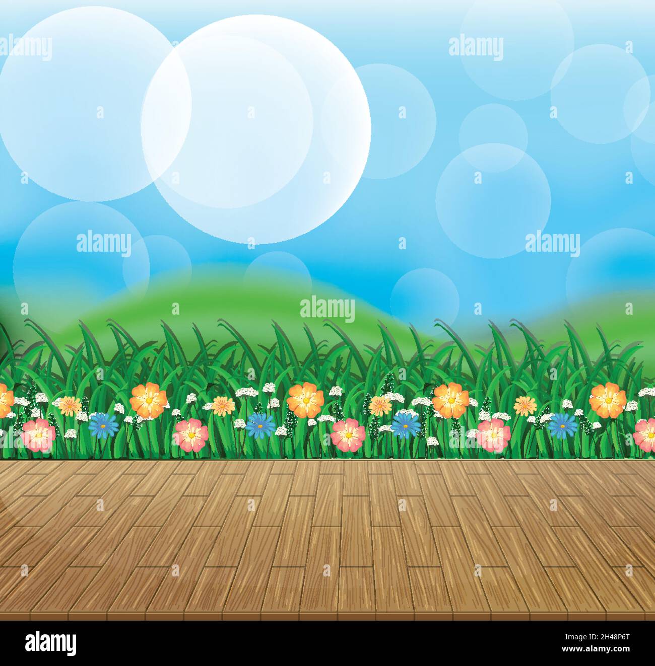 Nature background with flower field and green grass illustration Stock ...
