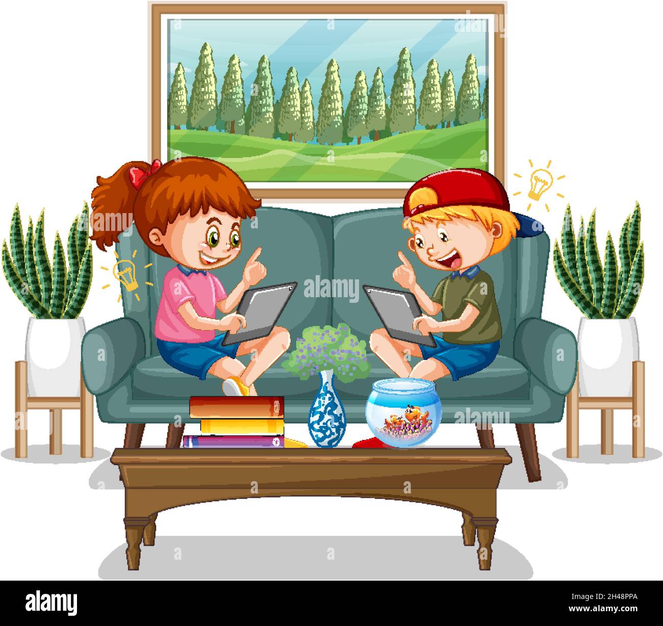 Children learning from home on electronic device illustration Stock Vector