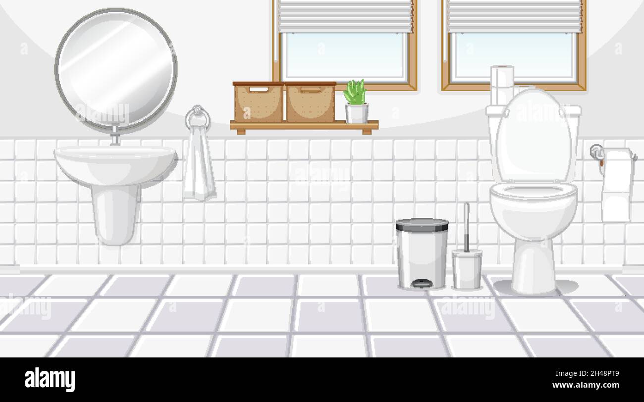 Bathroom interior with furniture in white theme illustration Stock ...