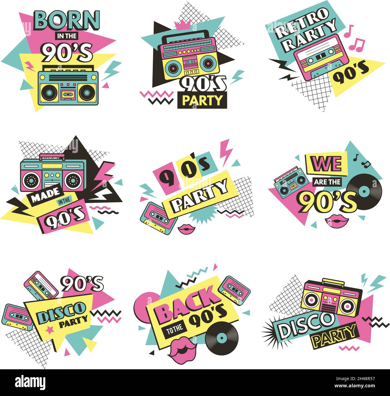 90s labels. Vintage fashioned labels for clothes retro style elements of pop music of 80s musical boombox radio recent vector pictures set Stock Vector
