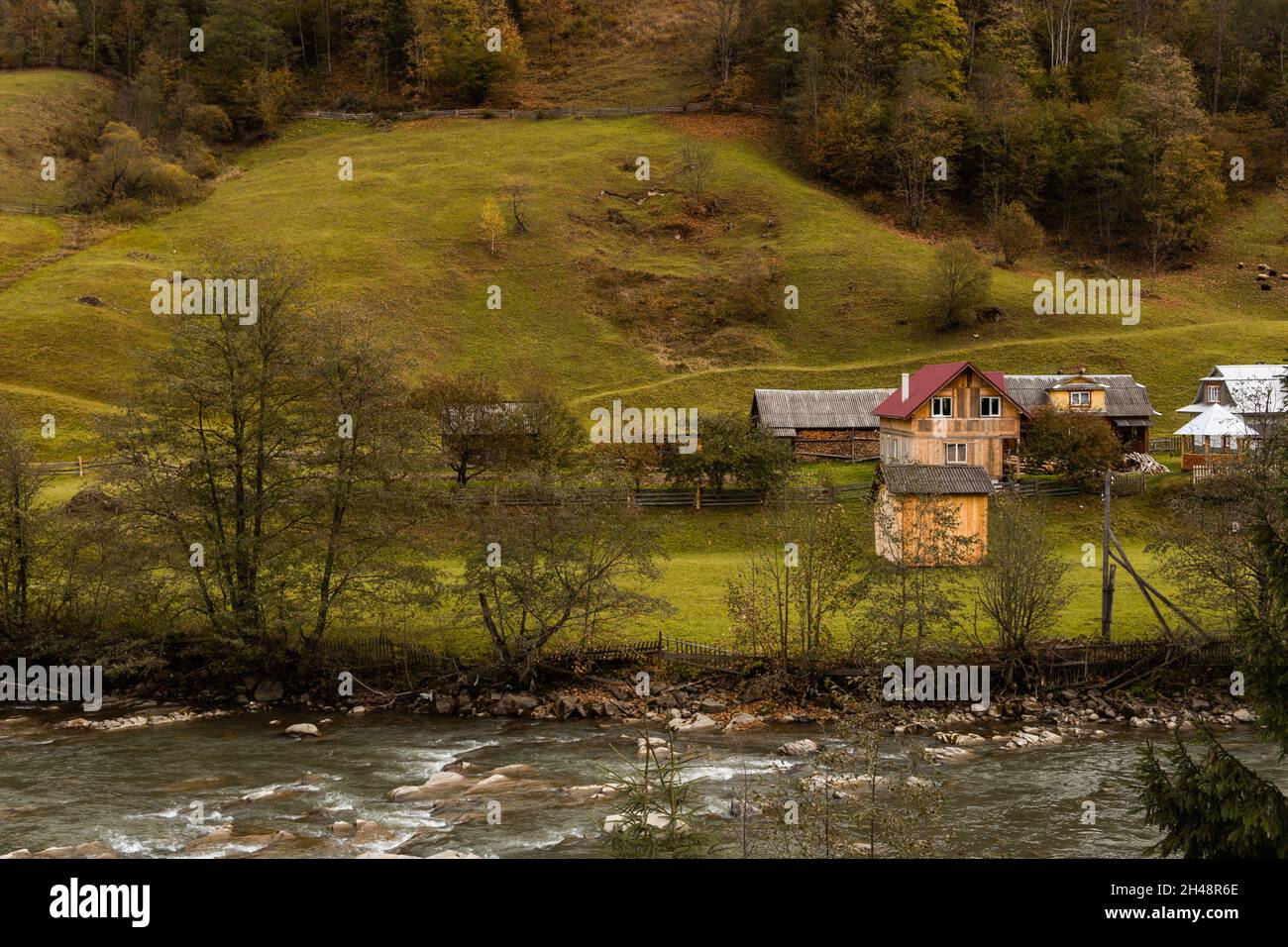 Autumn mountain landscape with yellow grass and rural wooden houses ...