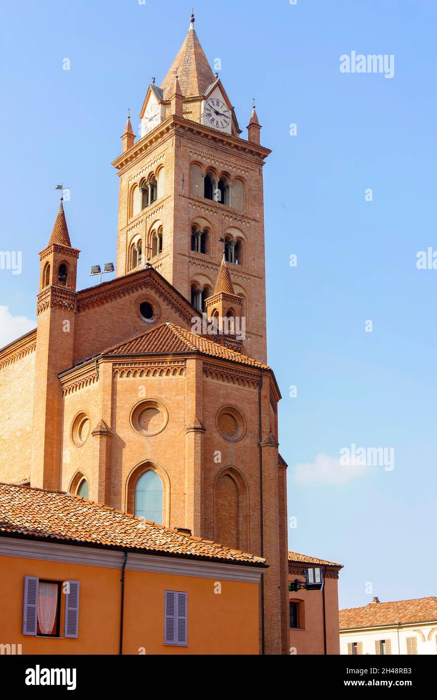 View of Cathedral of San Lorenzo in Alba from east, Piedmonte Region, Italy. The cathedral is located in the eastern sector of the ancient city of Alb Stock Photo
