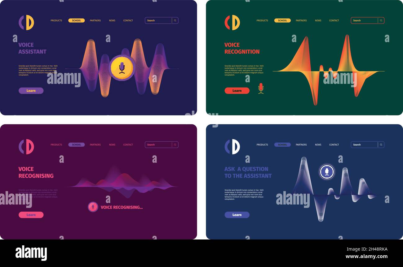 Audio assistant. Sound waves and microphones colored landing pages templates collection mobile digital voice screen visualization app garish vector Stock Vector