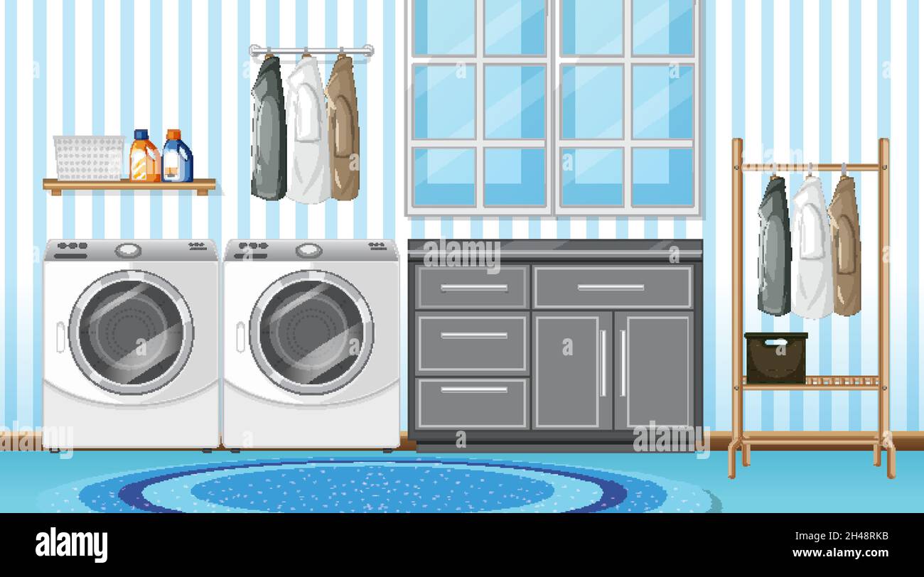 Laundry room interior design with furnitures and decorations ...